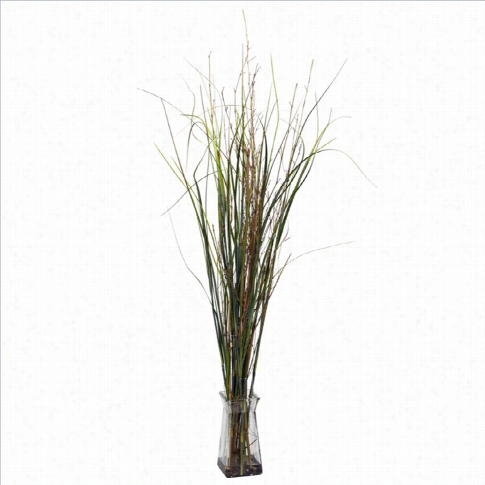 Nearly Natural Grsss And Bamboo With Glass Vase Silk Plant In Gre En