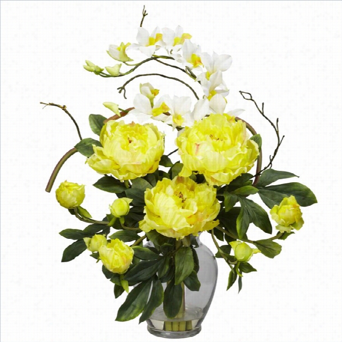 Nearly Natural Peony And Orchid Silk Flower Arrangement In Yelllow