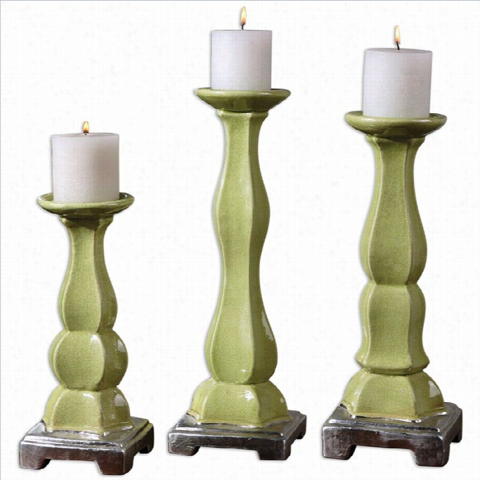 Uttermost Irwyn Ceramic Cansleholders In Bright Green (set Of 3)