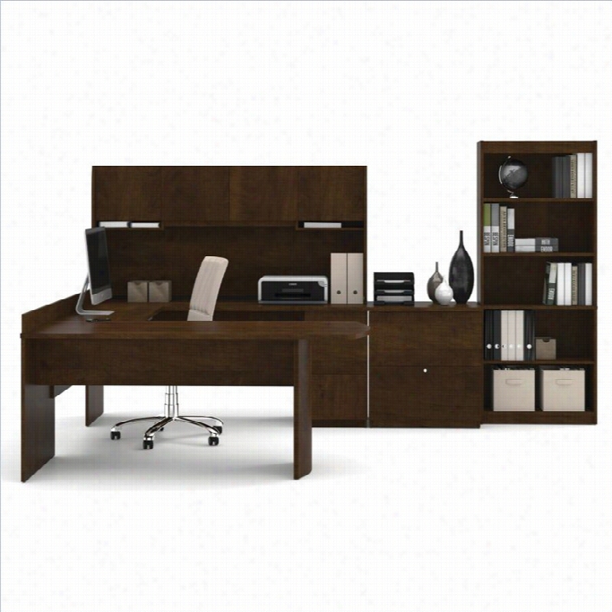 Bestar Executive U-shpaed Workstation With Latearl File  And Bookcase In Chlcolat