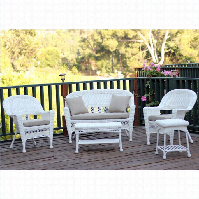 Jeco 5pc Wicker Conversation Set In White With Tan Cush Ions