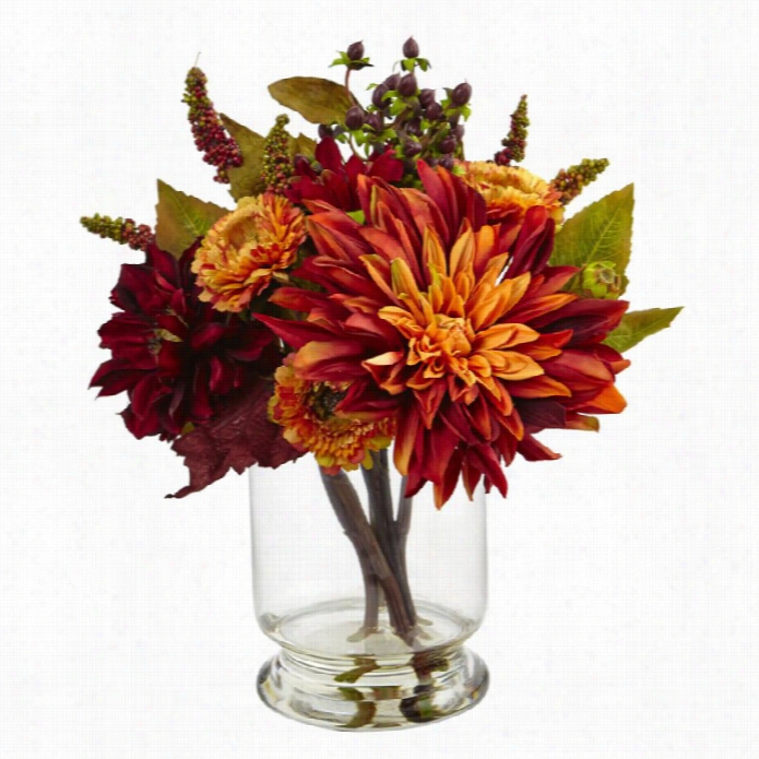 Nearly  Natural Dahlia And Mum With Vase Arrangement