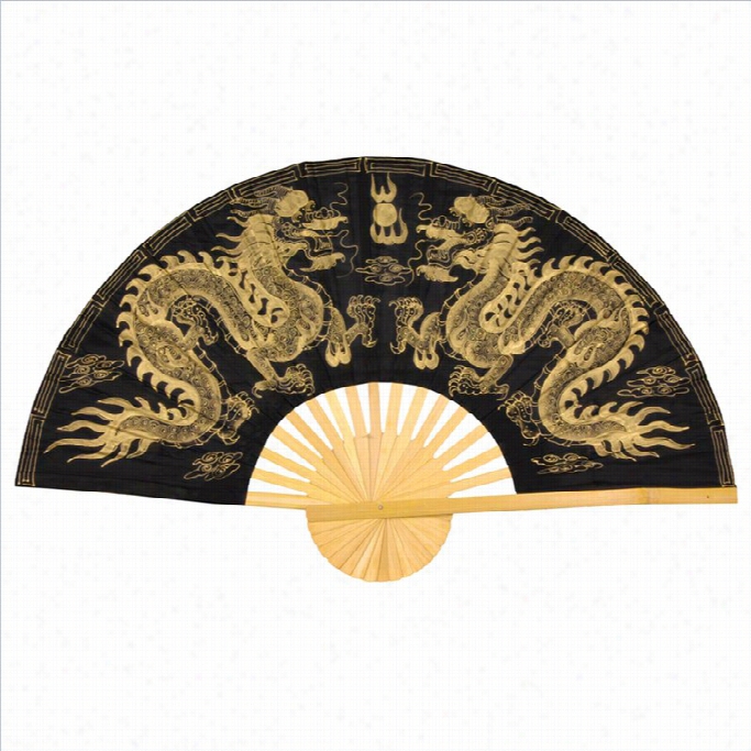 Oriental Furniture Dragons Wall Fan Decor Inblack And Gold-width 40