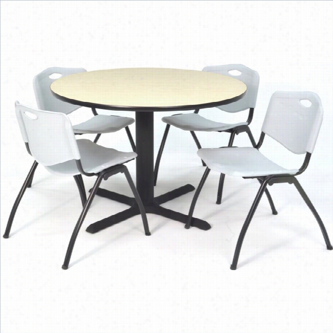 Regency Round Lunchroom Index And 4 Grey M Stack Chairs  In Maple