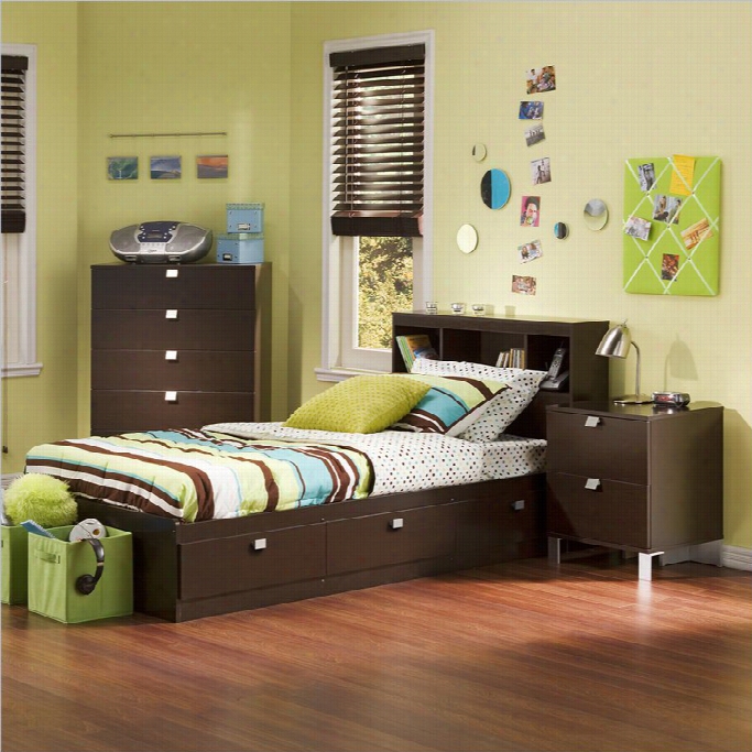 Souty Shore Cakao Kids Twin 3 Iece Bedroom Set With Bookcase Headboard In Chocolate