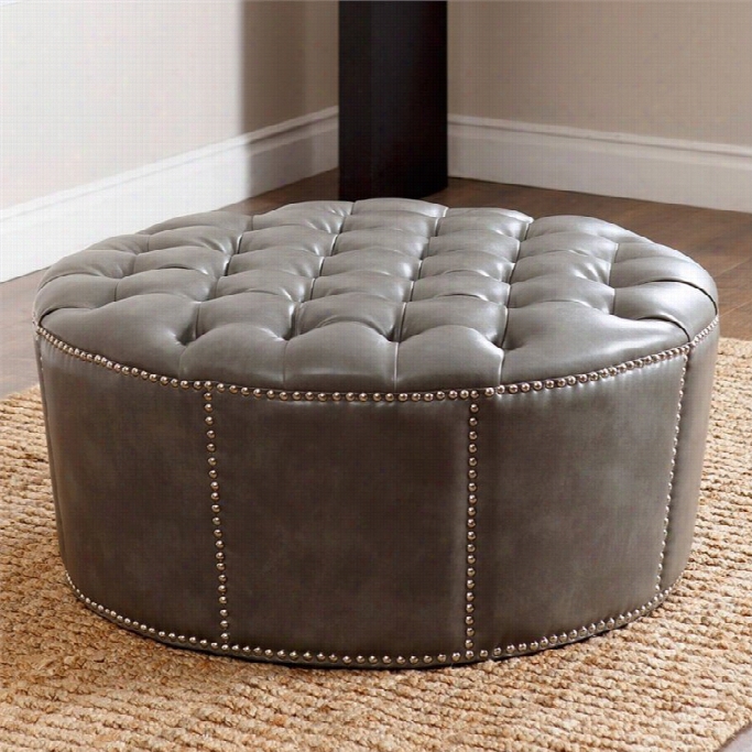 Abbyson Living Znplesnailhead Leather Round Ottoman In Gray