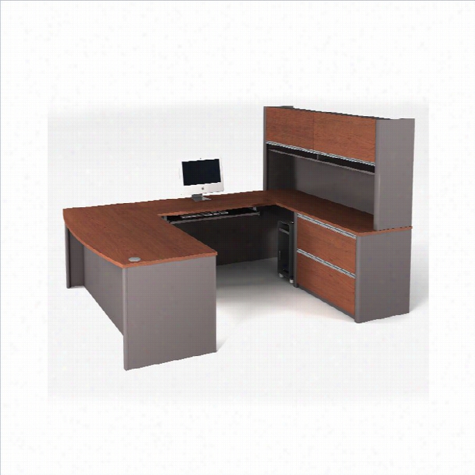Bestar Connexion U-shape Home Office Set With 1 Ooversized Pedestal In Bordeaux And Slate