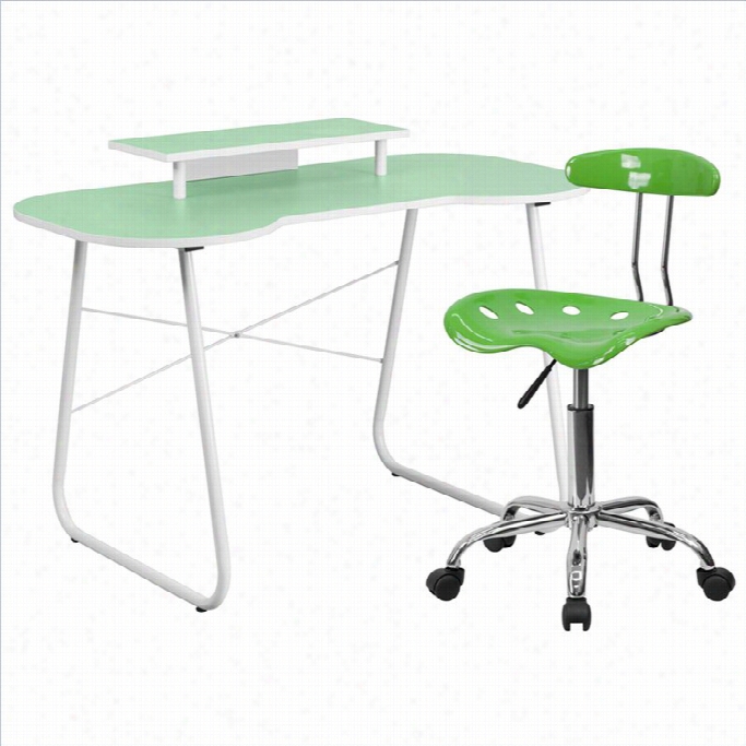 Flash Furniture Compiter Desk Wi Th Monitor Stand And Tractor Chair In Green