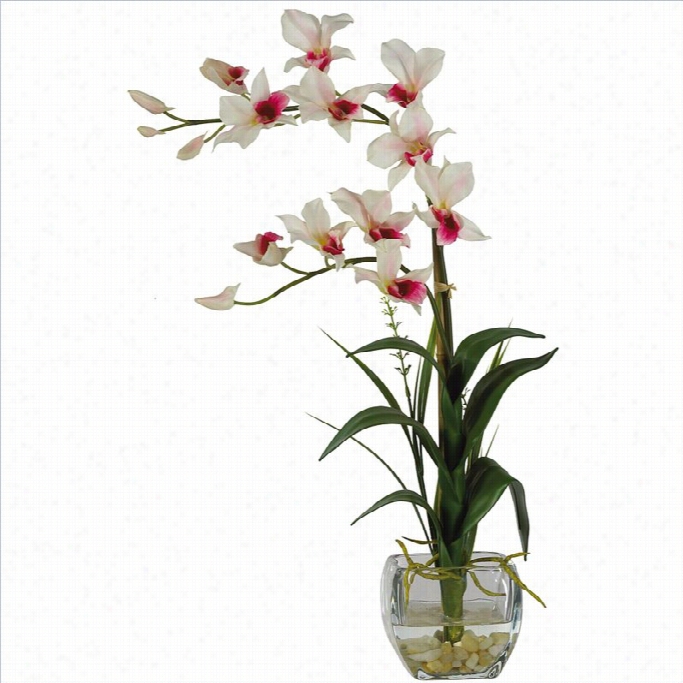 Nearly Natural Dendrobium With Glass Vase Islk Flower Arrangement In White