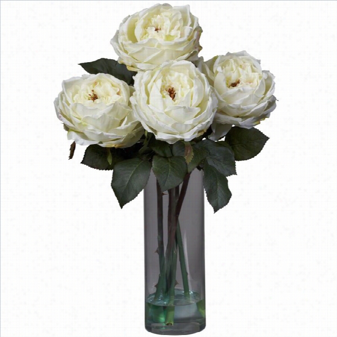 Nearly Natural Fancy Rose With Cylinder Vase Silk Flower Arrangement In Whitee