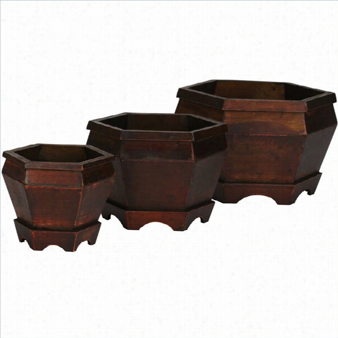 Nearly Natural Wooden Hexagondecorative Planter In Burgundg (set Of3)