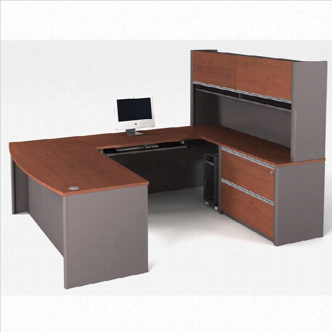 Bestar Connexion U-shaped Workstation With Assembled Oversized Peedestal In Bordeaux