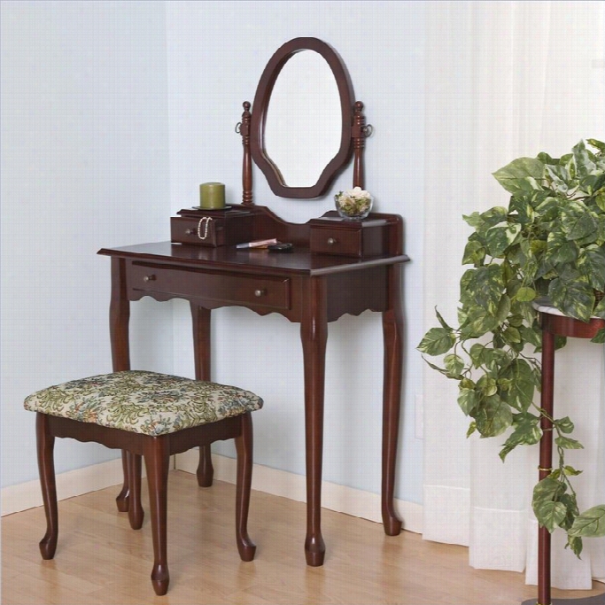 Coaster Traditional Wood Makeup Vanity Tabl Eset With Mirror In Stained Cherry