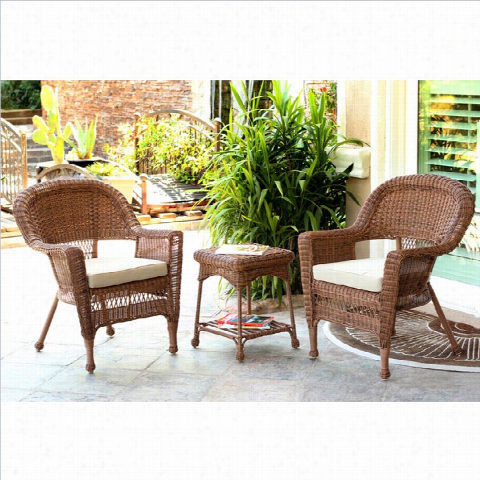 Jecoo 3pc Wicker Cchair And End Table Set In Honey With Orante Chair Ushion