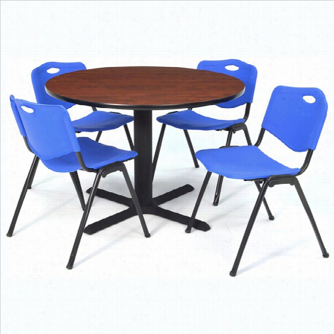 Reggency Round Synopsis With 4 M Stack Chairs In Cherry And Blue- 30 Inch