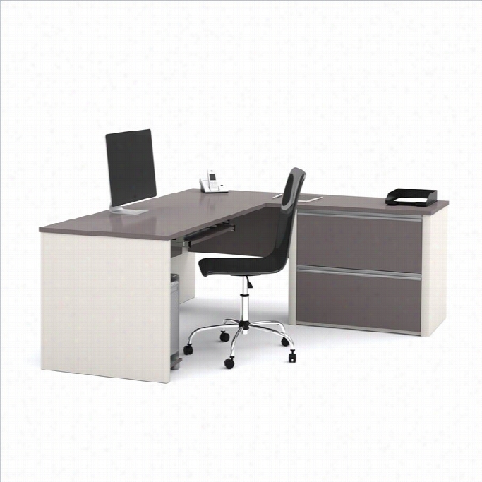 Bestar Connexion L-shaped Desk Wwith 1 Oversized Pedetal In Sandstone & Slate