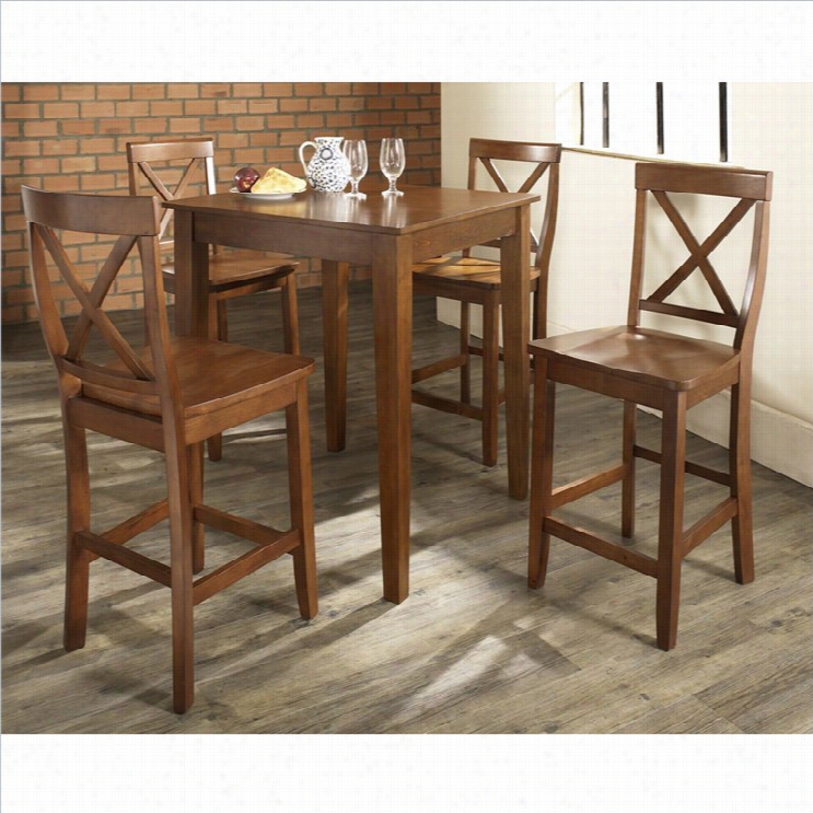 Crosley Firniture 5 Piecee Pub Dining Set With Tapered Leg And X-back Stools In Claassci Cherry Fiinsh