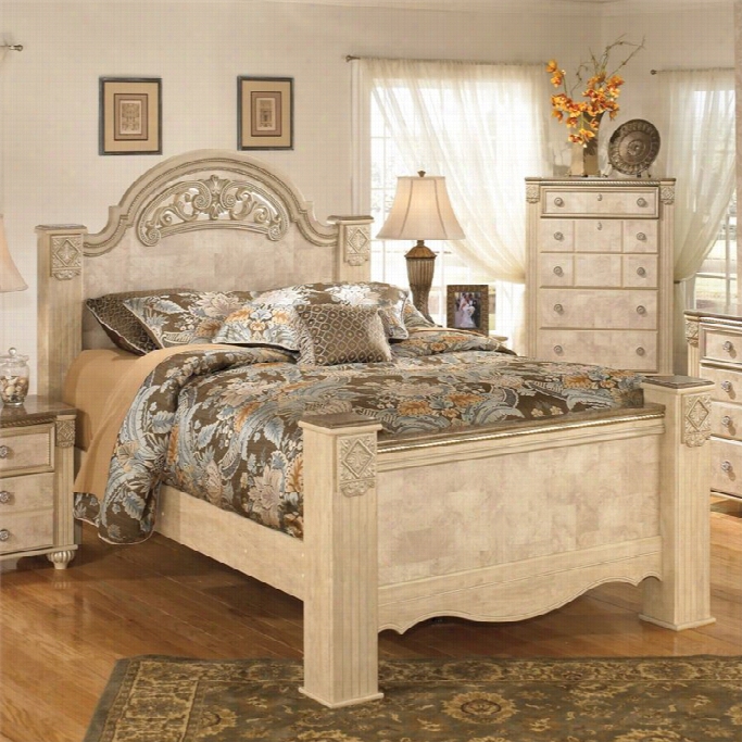 Ashley Saveaha Wood Queen Poster Panel Bed In Beige