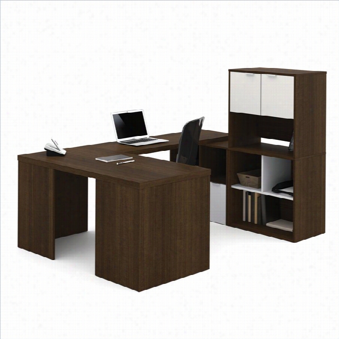 Bestar I3 U-shape Workstation With Storage Units And Hutch In Tuuxxeo And Sandstone