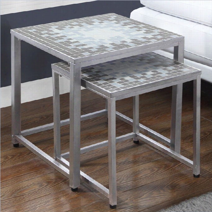 Monarch 2 Peice Nesting Table In Hammered Silver With Blue Tile Top