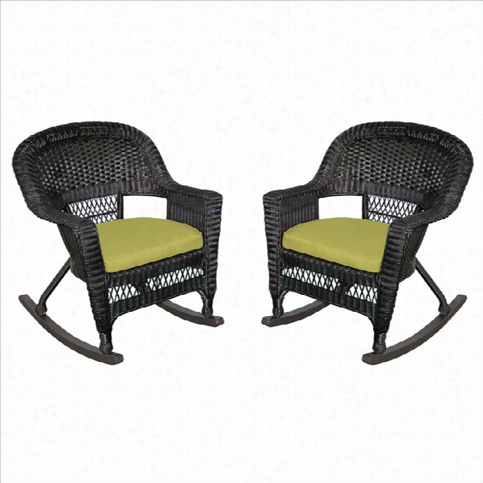 Jeco Wicker Chair In B Lack  With Green Cushion (set Of 4)