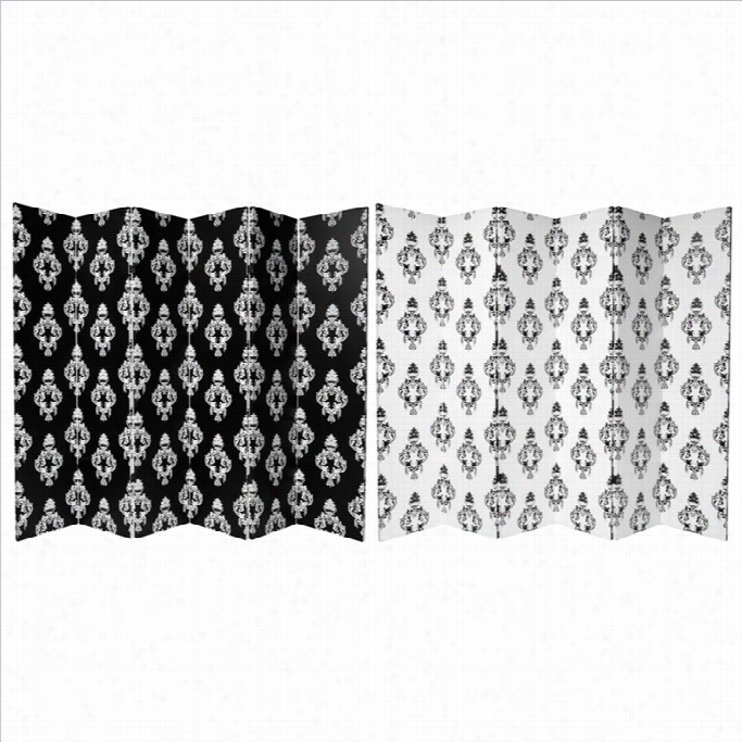Oriental Double Sided Damask Canvas Room Divider In Black And White