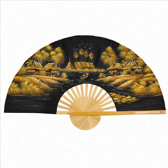 Oriental Furniture Gilded  Morning Wall Fan Decor In Blakc Anx Gold-width 60