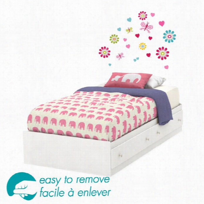 Soutg Shoree Joy Doubled Mates Flowers Decal Bed With Drawesr Inwhite