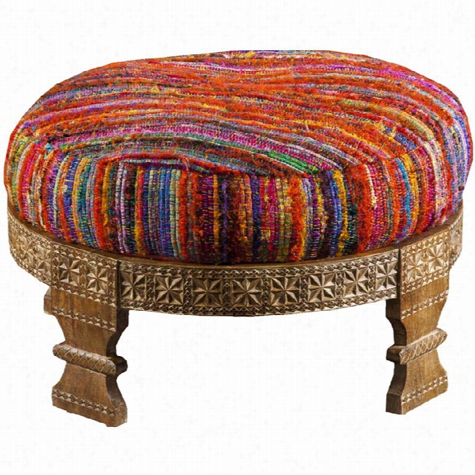 Surya Silk Round Ottoman In Red Purple And Orange