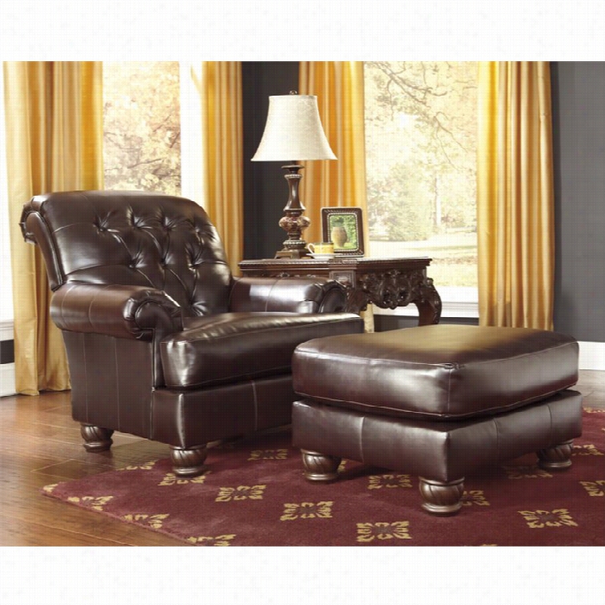 Ashley Weslynn Place Faux Leather  Chwir With Ottooman In Burgundy