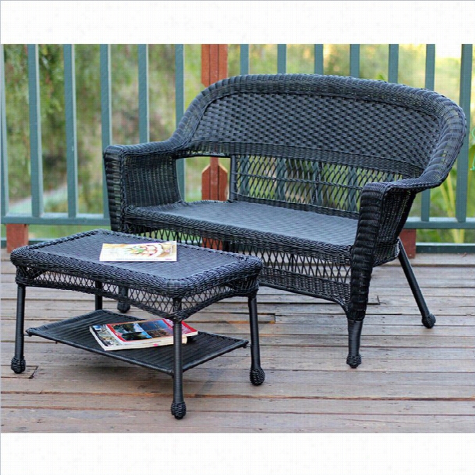 Jeco Wicke R Patio Love Seat And Coff Ee Table Set In  Black Wihtout Cyshion