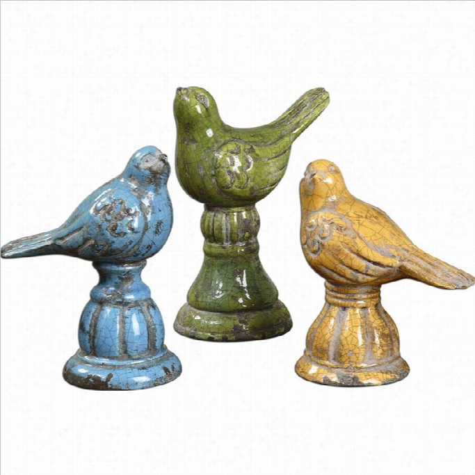 Uttermost Bird Trio Ceramic Figurines In Shades Of Blue (set Of3 )