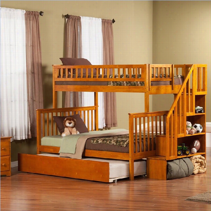 Atlantic Ffurniture Woodland Staircaes Bunk Bed With Roller Bed In Caraamel-twin Over Twin