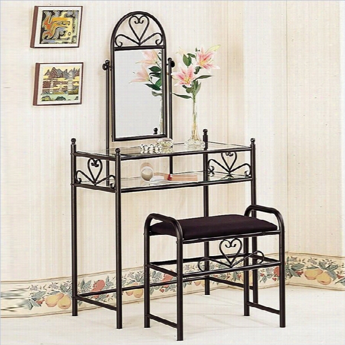 Coaste Rfrosted Blck Wrought Iron Makeup Vanity Table Set With Mirror In Black Velour