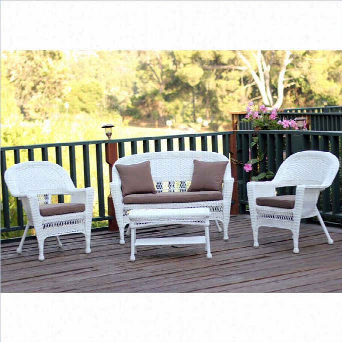 Jeco  4pc Wicker Conversation Set In White With Cocoa Brown Cushion S