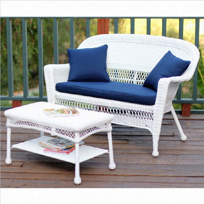 Jeco Wicker Patio Love Seat And Coffee Table Set In White With Blue Cushion