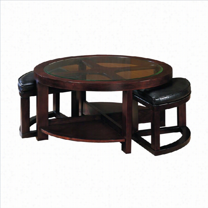Trent Home Redell Round Cocktail Table With 2 Ottomans And G Lass Inserts