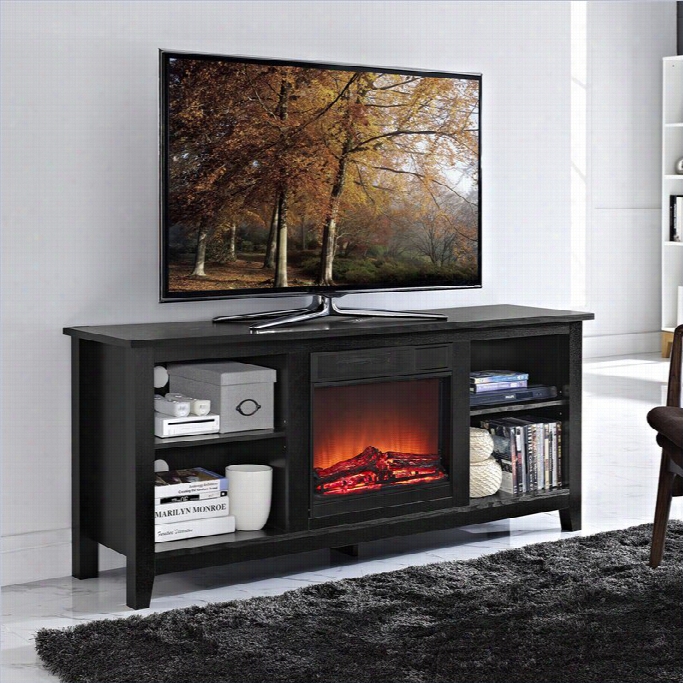 Walker Edison Essential 58 Wood Tv Stand With Fireplace In Black