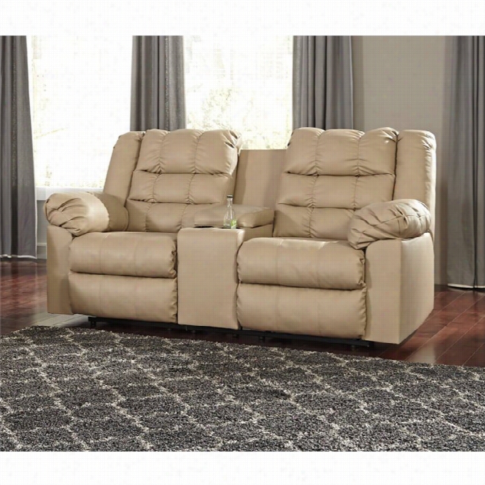 Ashley Brolayne Leather Doubler Eclining Console Loveseat In Beige