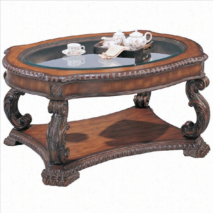 Coaster Doyle Traditional Ovaal Cocktail Table With Glass Inlay Top In Antique Brown