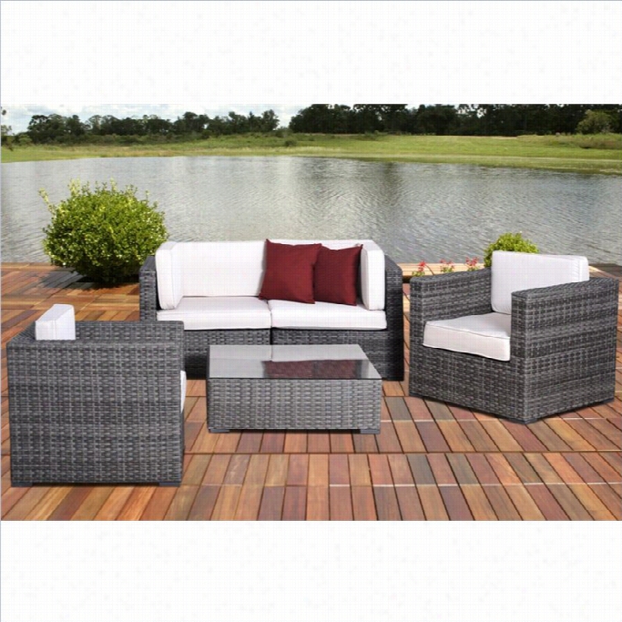 Metz 5 Pc Wicker Seating Set In Grey With Off-white Cushions