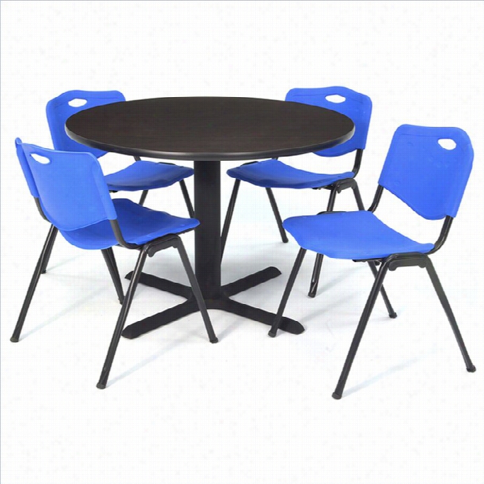 Regency Round Table With 4 M Stack  Chairs In Mocha Alnut And Blue-30