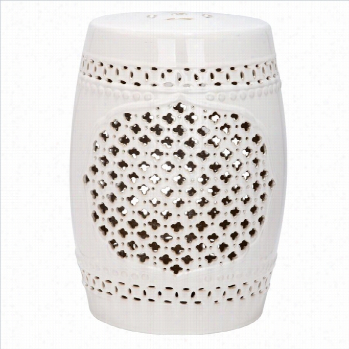 Saafvieh Quatrefoil Ceramic Garden Stool In Cream