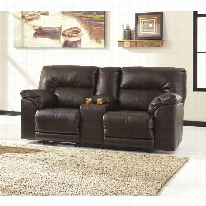 Ashley Barrettsville  Leather Reclining Console Loveseat In Chocolate