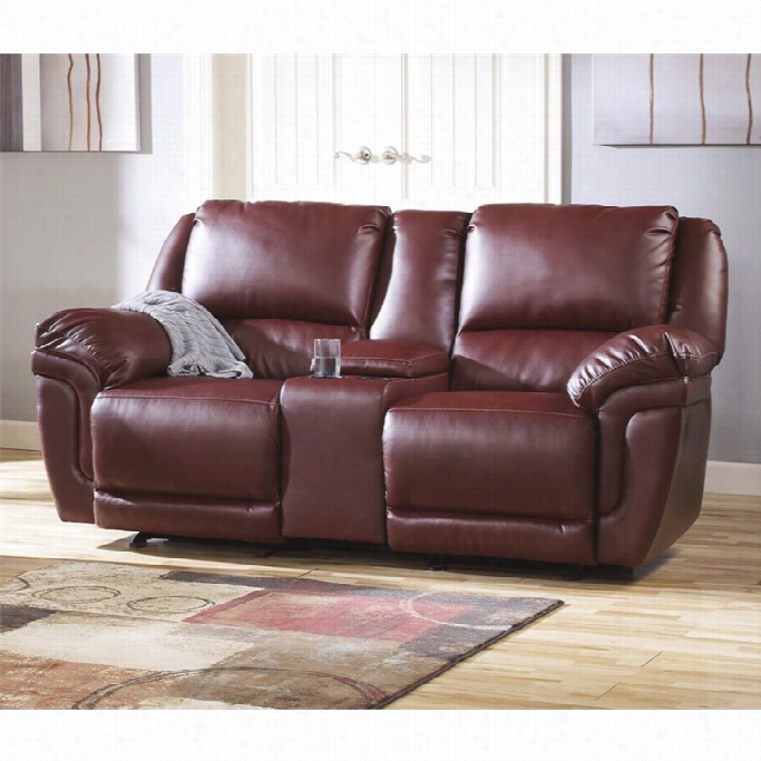 Ashley Magician Leather Glider Reclining Console Loveseat Ih Garnet