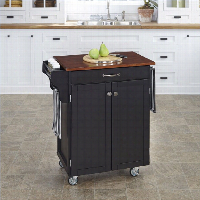 Home Styles Cuisine Cart In Black Finish By The Side Of Cherry Top