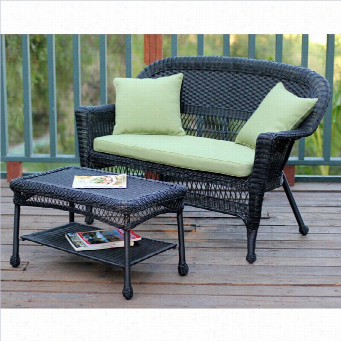 Jeco Wicker Patio Love Seat And Coffee Table Set In Blacck With Green Cushion