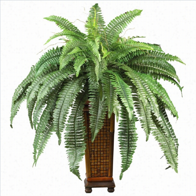 Nearly Natural Boston Fern Wjth Wood Vase Silk Plant  In Green