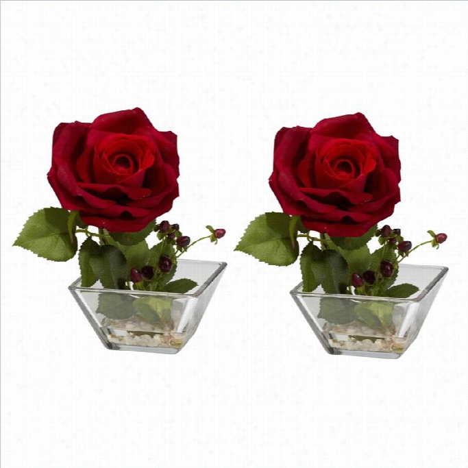 Nearly Natural Rose Wtih Square Vase Silk Fower Ar Rangement In Red (set Of 2)