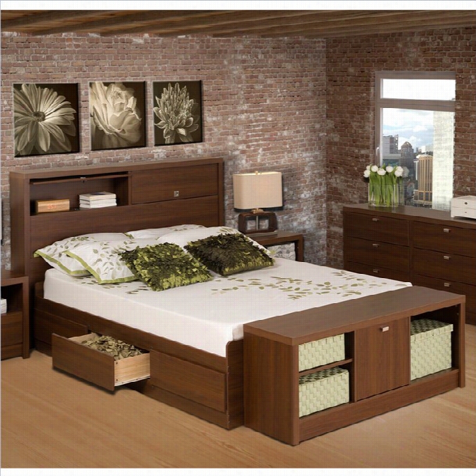 Prepac Series 9 Designer Bed And Bench In Medium Brown Walnut